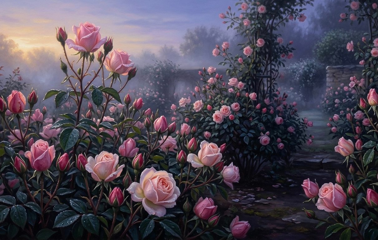 AIが描いた一枚:朝霧にほどける薔薇